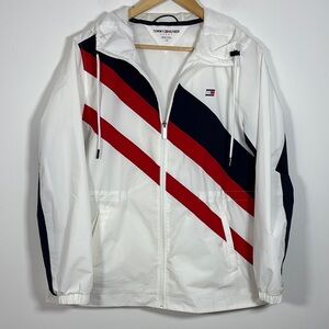 Tommy Hilfiger Utility Jacket White Red Hooded Large Windbreaker Nautical Preppy